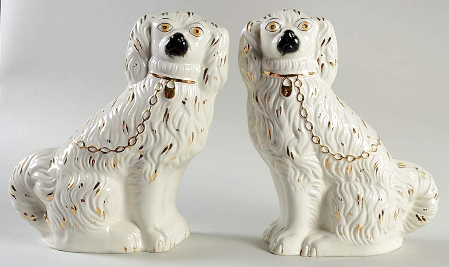 Staffordshire Spaniels Sitting Pair-White & Gold - No Box by William Kent Potteries-1