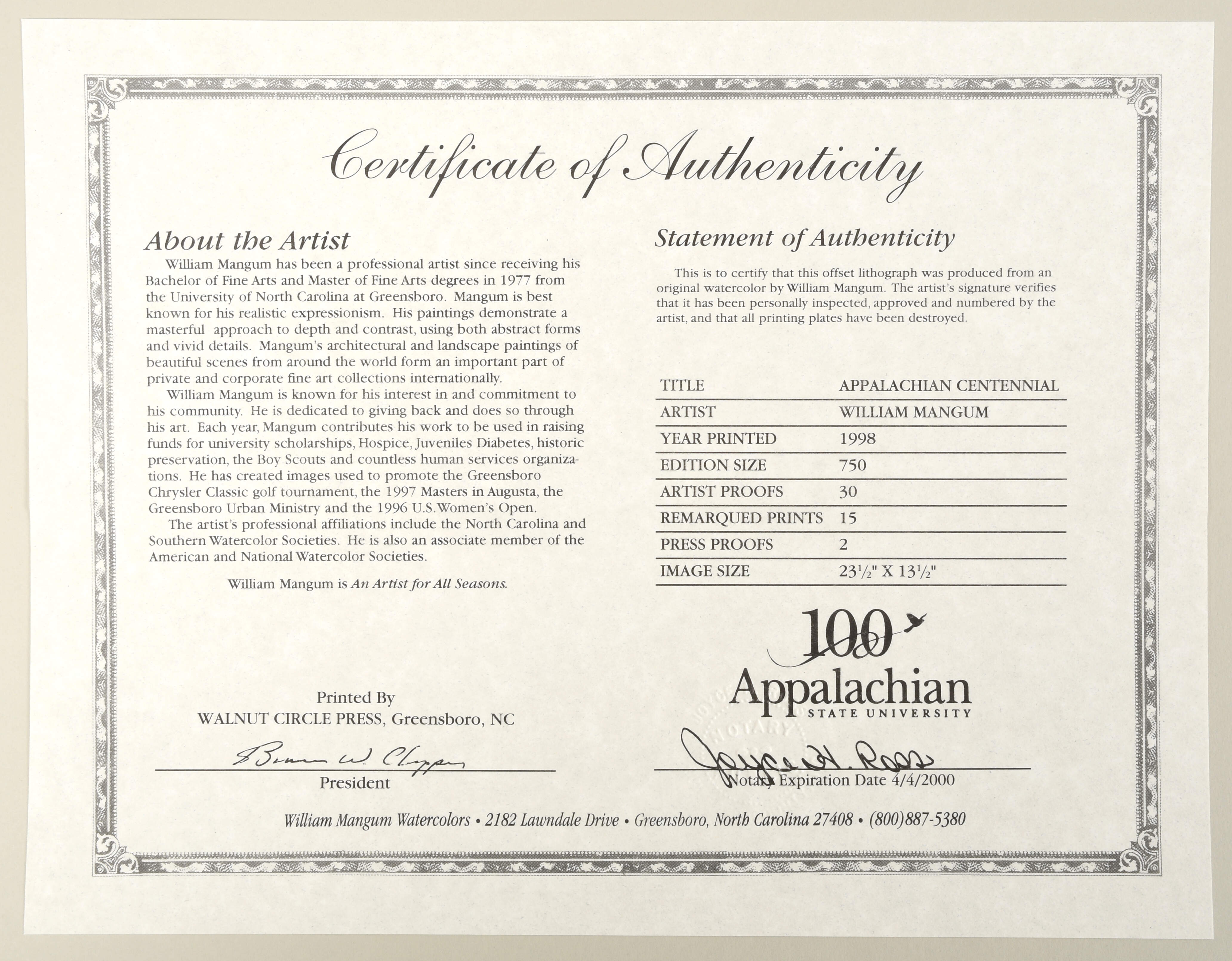 William Mangum Prints Appalachian Centennial - No Box by William Mangum-2