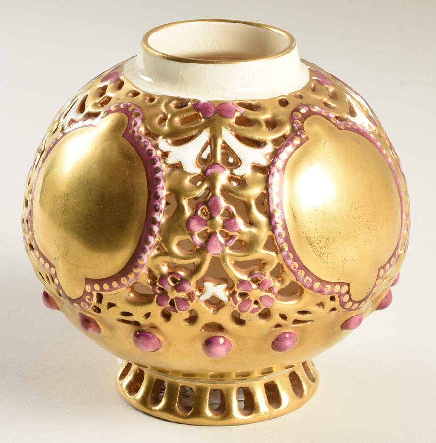 Zsolnay Figurines Reticulated Vase-Gold & Burgundy - Boxed by Zsolnay-1