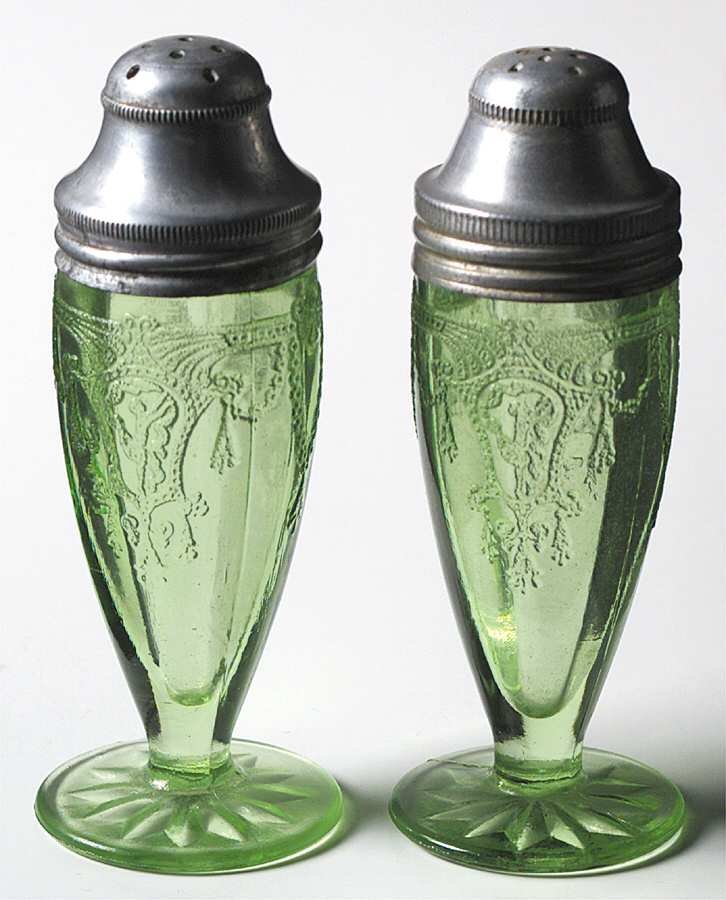 Cameo Green Footed Shaker Set & Metal Lids by Anchor Hocking-1