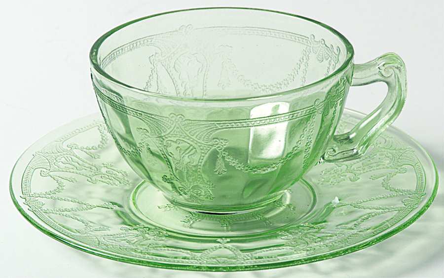 Cameo Green Scroll Handle Cup and Saucer/Bread and Butter by Anchor Hocking-1