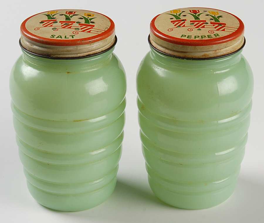 Jade Ite (Restaurant Ware, Older) Salt and Pepper Shakers with Metal Lids by Anchor Hocking-1