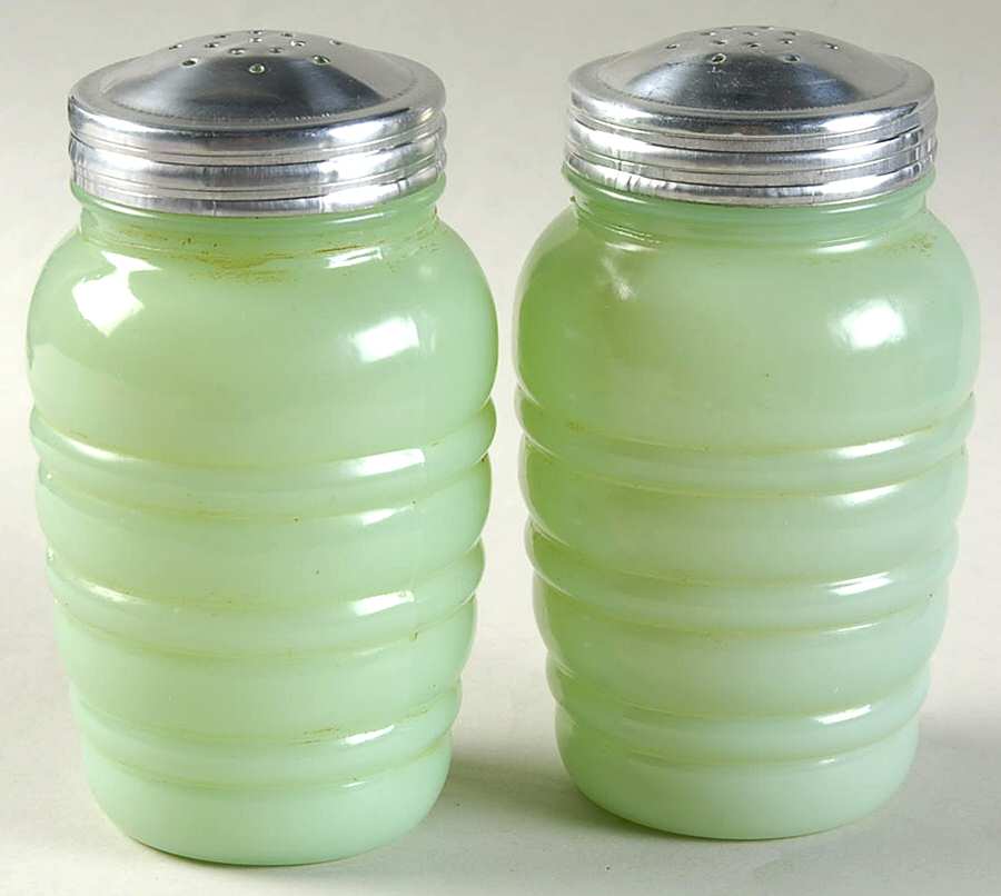 Jade Ite (Restaurant Ware, Older) Shaker Set w/Metal Lids by Anchor Hocking-1
