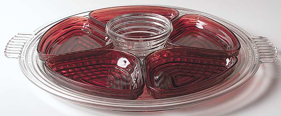Manhattan Clear 7 Piece Relish Service, Ruby Inserts by Anchor Hocking-1