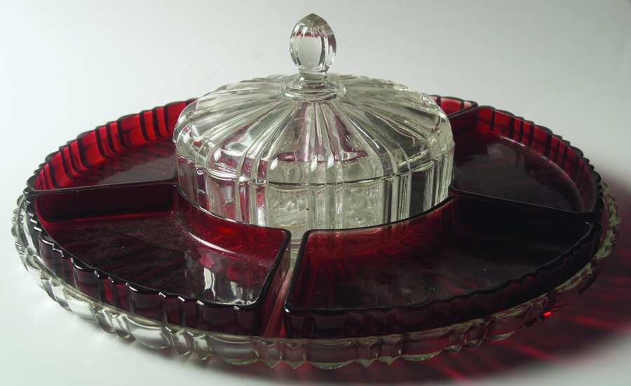 Old Cafe Clear 8 Piece Relish Set with Royal Ruby Inserts by Anchor Hocking-1