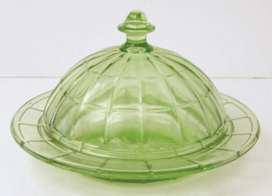 Colonial Block Green Round Covered Butter by Hazel-Atlas-1