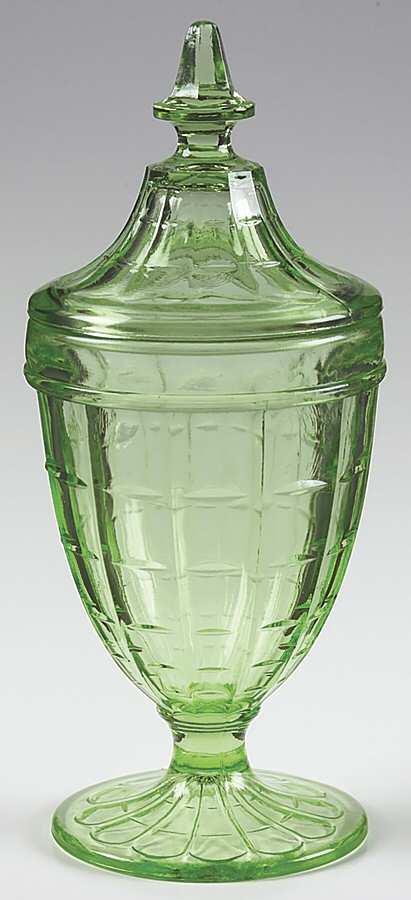 Colonial Block Green Footed Candy Dish & Lid by Hazel-Atlas-1