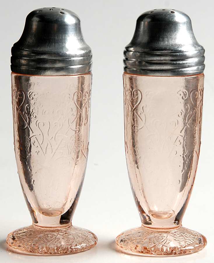 Florentine 1 Pink Footed Shaker Set & Metal Lids by Hazel-Atlas-1