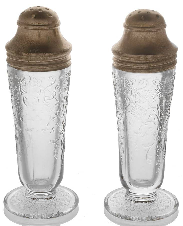 Florentine 2 Clear Footed Shaker Set & Metal Lids by Hazel-Atlas-1