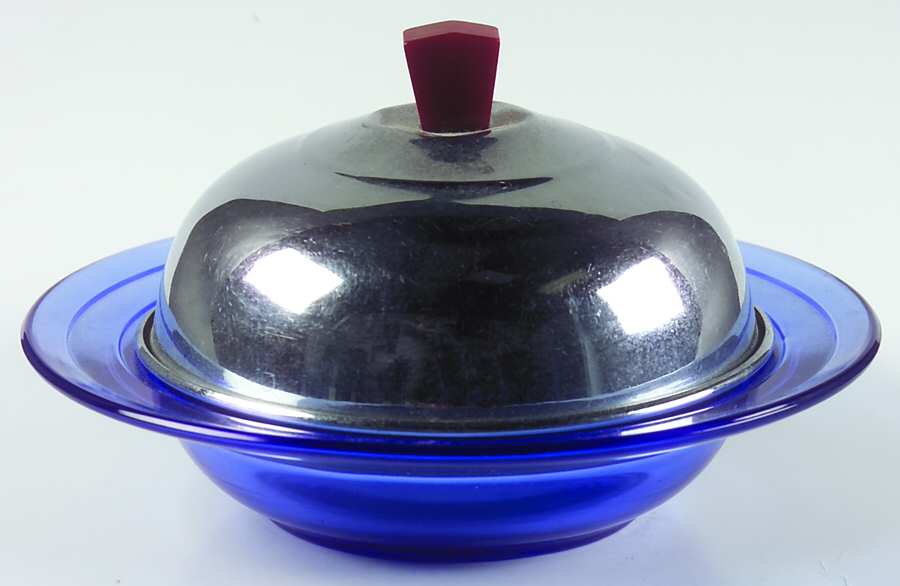 Moderntone Cobalt Blue (Transparent) Round Covered Butter with Metal Lid by Hazel-Atlas-1