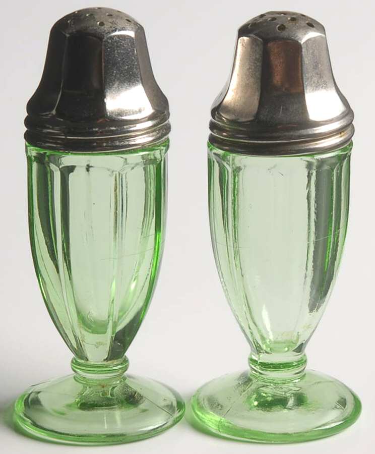 Ribbon Green Footed Shaker Set & Metal Lids by Hazel-Atlas-1