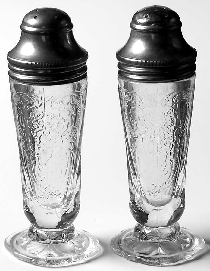 Royal Lace Clear Footed Shaker Set & Metal Lids by Hazel-Atlas-1