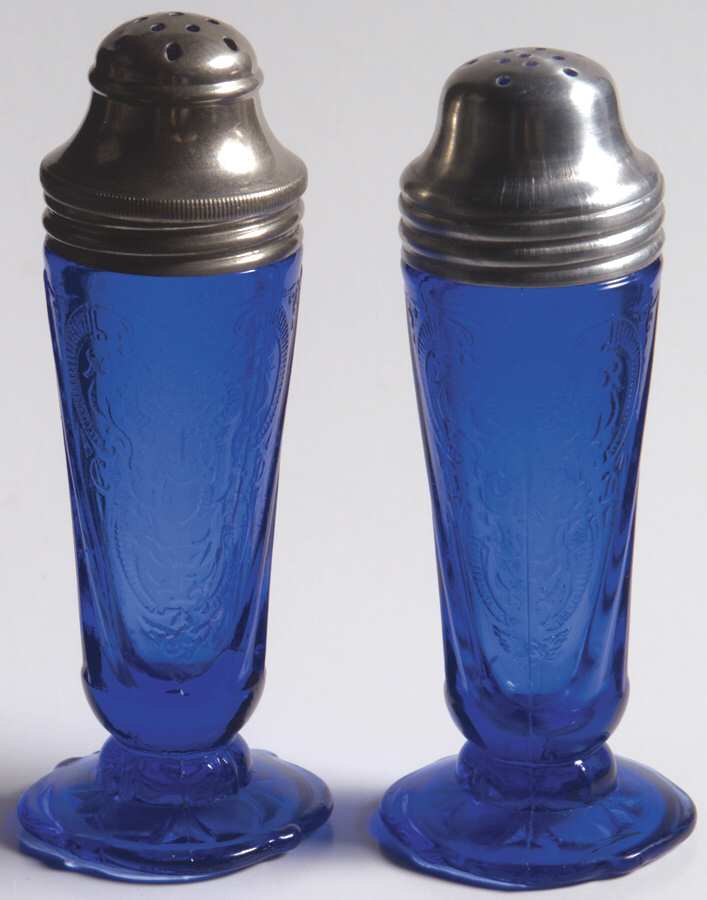 Royal Lace Cobalt Blue Footed Shaker Set & Metal Lids by Hazel-Atlas-1