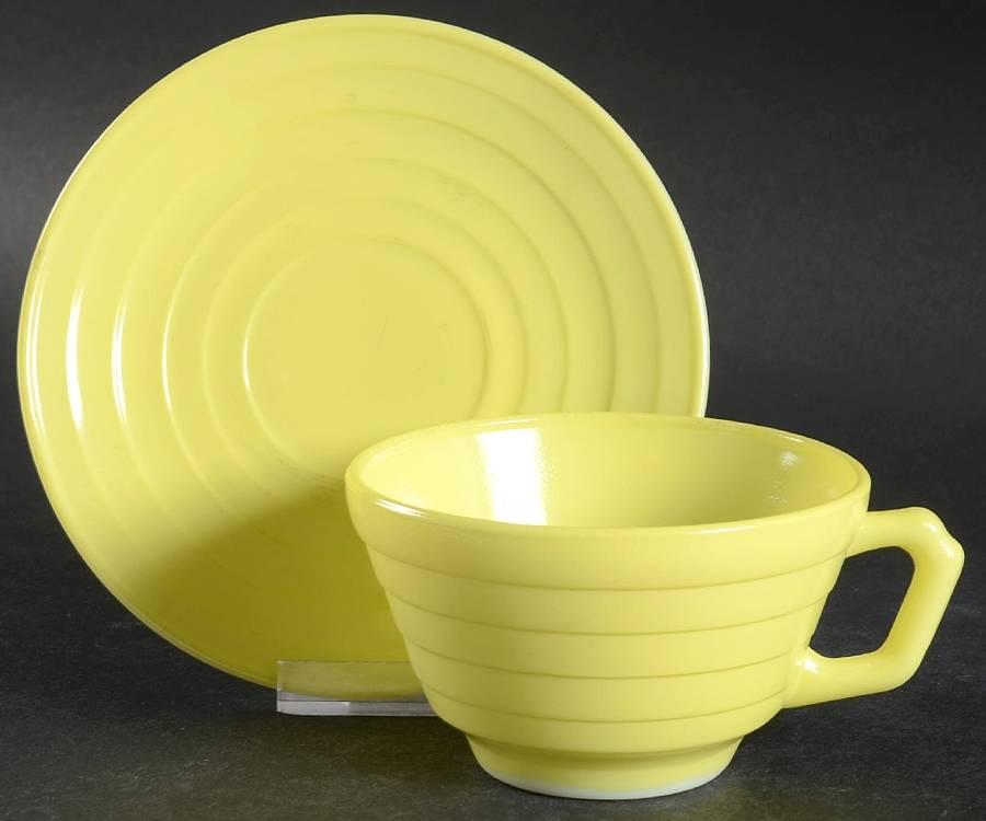 Moderntone Platonite Chartreuse Cup & Saucer Set by Hazel-Atlas-1