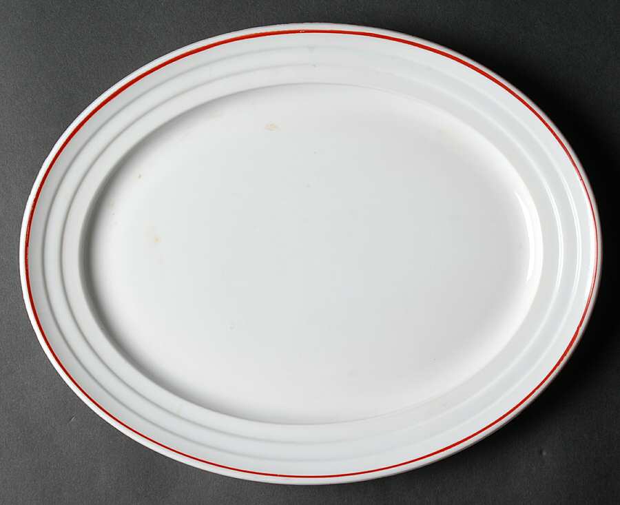 Moderntone Platonite Red Stripe 12" Oval Platter by Hazel-Atlas-1