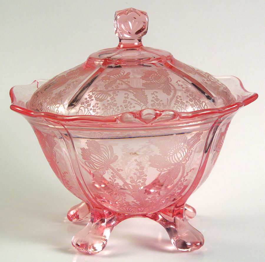 Gloria Pink (Stem 3130) 3400/9 Four Toed Candy Dish with Lid by Cambridge-1