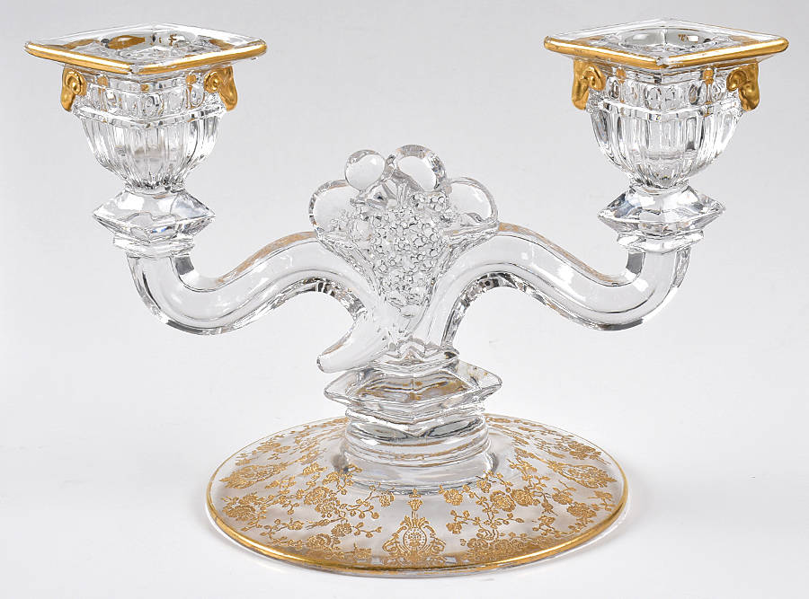 Rose Point Clear (Stem 3500, Gold Encrusted) 3500 Shape Double Light Candlestick by Cambridge-1