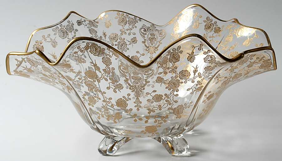 Rose Point Clear (Stem 3500, Gold Encrusted) 3400 Oblong Ruffled Four Toed Bowl by Cambridge-1
