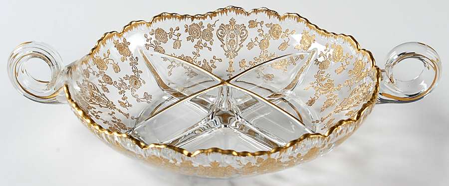 Rose Point Clear (Stem 3500, Gold Encrusted) 3500/62 4 Part Relish with Ribbed Handles by Cambridge-1