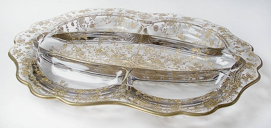 Rose Point Clear (Stem 3500, Gold Encrusted) #3900 120 12" Oblong 5 Part Relish by Cambridge-1