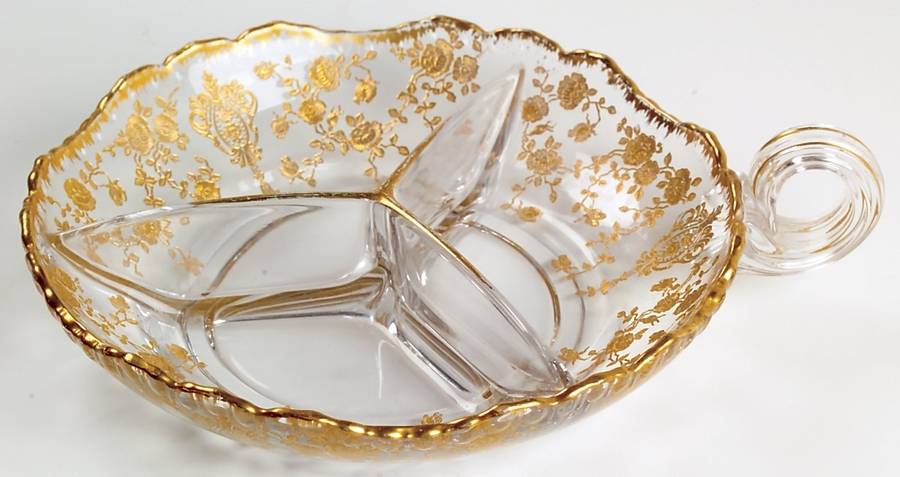 Rose Point Clear (Stem 3500, Gold Encrusted) #3500 61 Round 3 Part Relish with Loop Handle by Cambridge-1