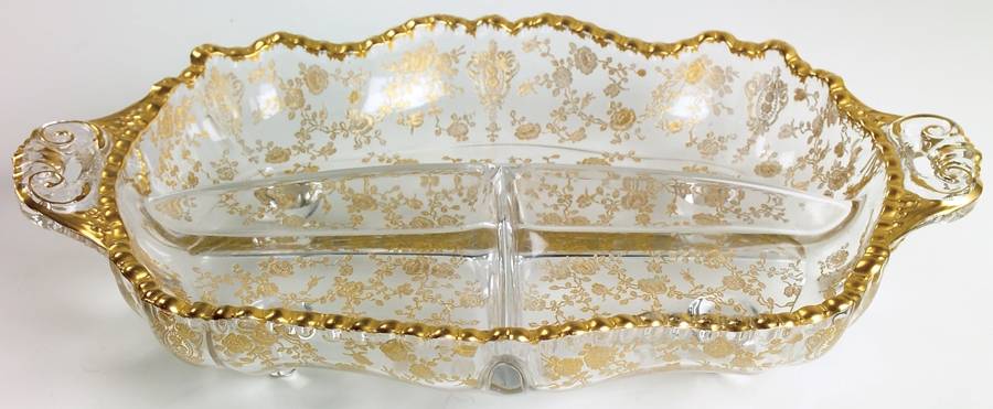 Rose Point Clear (Stem 3500, Gold Encrusted) #3500/64 4-Toed 3 Part Relish by Cambridge-1