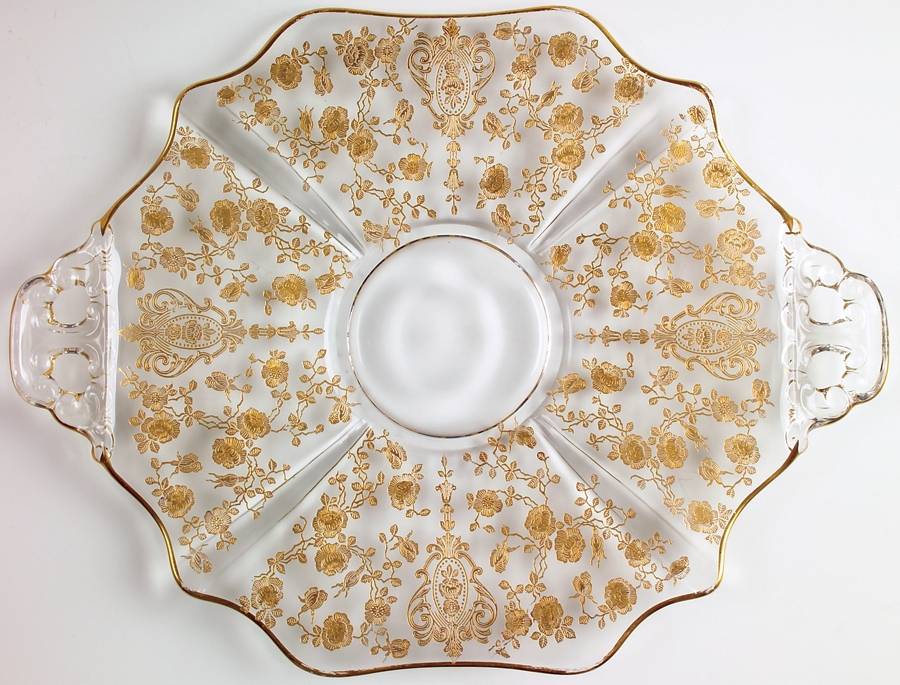 Rose Point Clear (Stem 3500, Gold Encrusted) 14" 2 Handled Plate (Shape 3400) by Cambridge-1