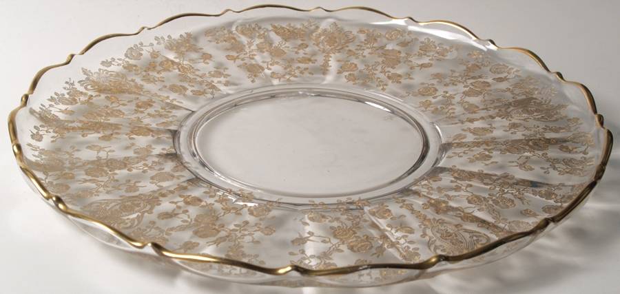 Rose Point Clear (Stem 3500, Gold Encrusted) Large Rolled Edge Torte Plate by Cambridge-1