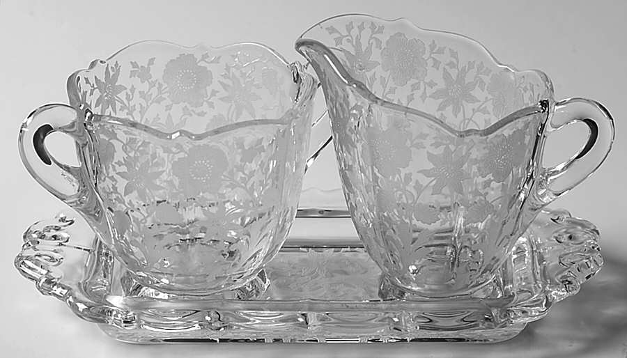 Wildflower Clear Creamer, Sugar and Etched Tray Set-3900/39 by Cambridge-1