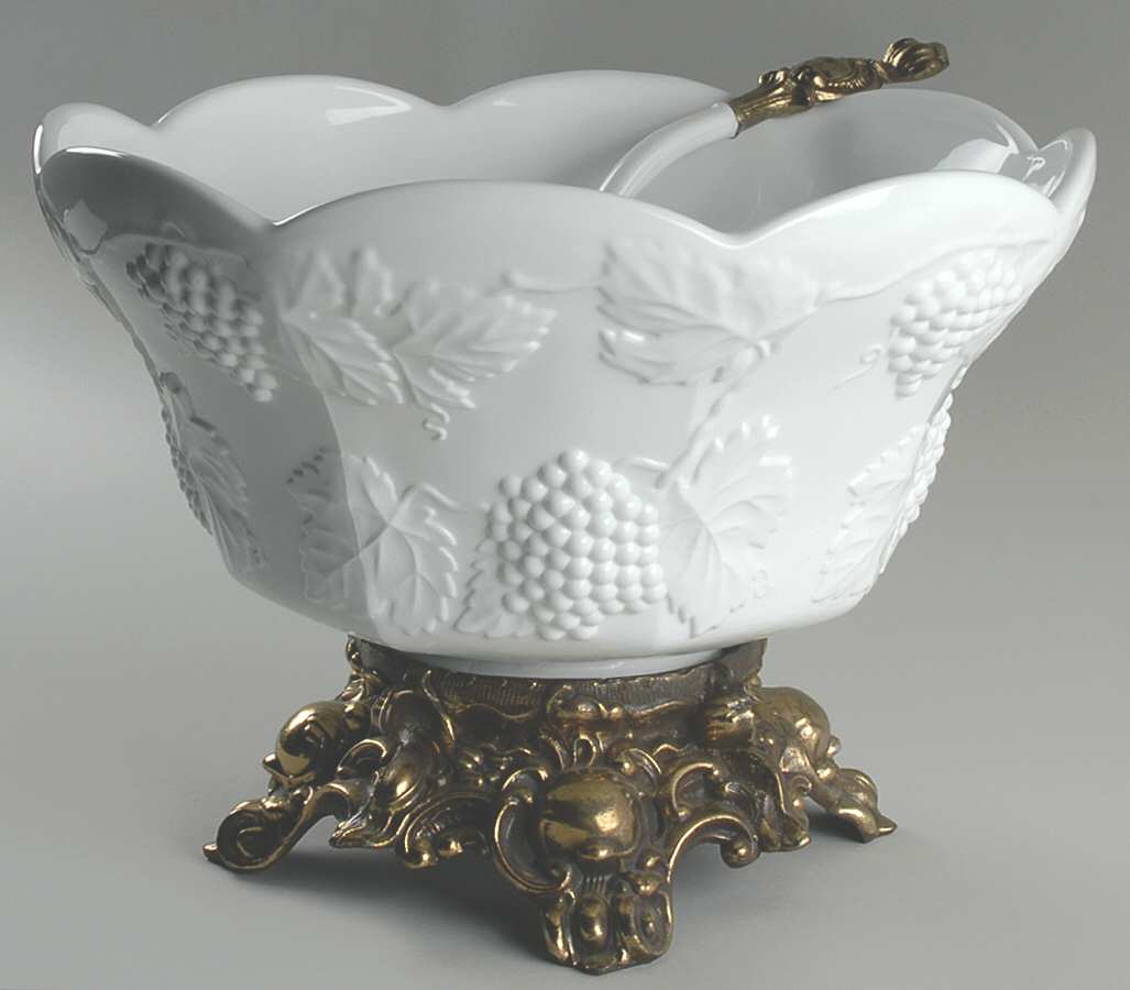 Harvest Milk Glass Punch Bowl W/Metal Stand/Plastic/Gold Ladle by Colony-1