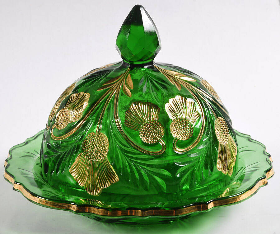 Thistle Emerald Green and Gold Round Covered Butter by Cambridge-1