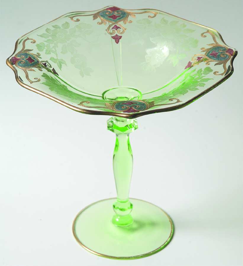Apple Blossom Emerald Green (Decorated) 3400 7" Height X 7" Width Tall Comport by Cambridge-1