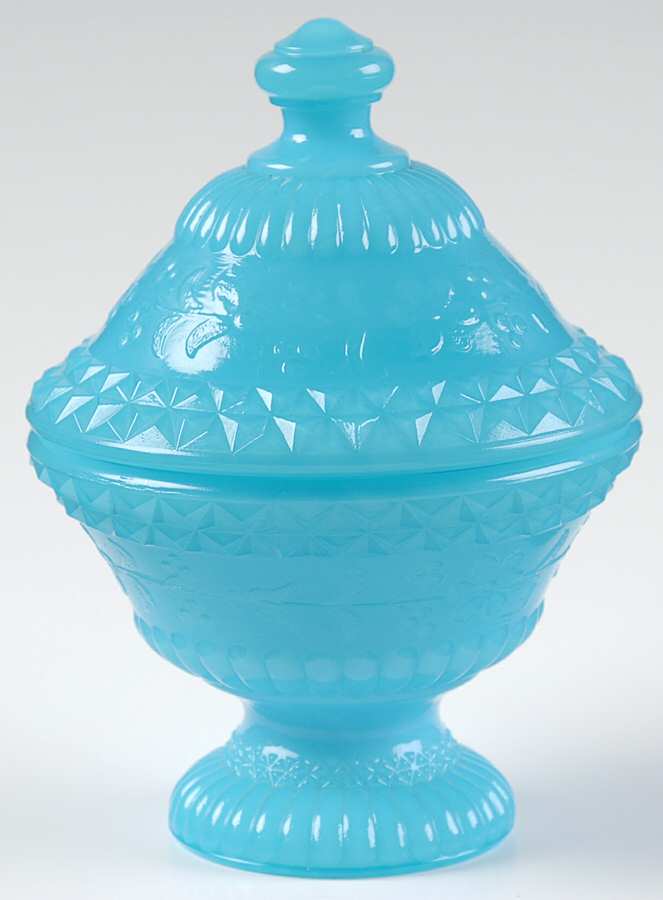 Forget Me Not Blue (Opaque) Small Compote & Lid by Degenhart Glass Co-1
