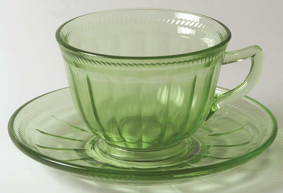 Colonial Fluted Green Cup & Saucer Set by Federal Glass -1