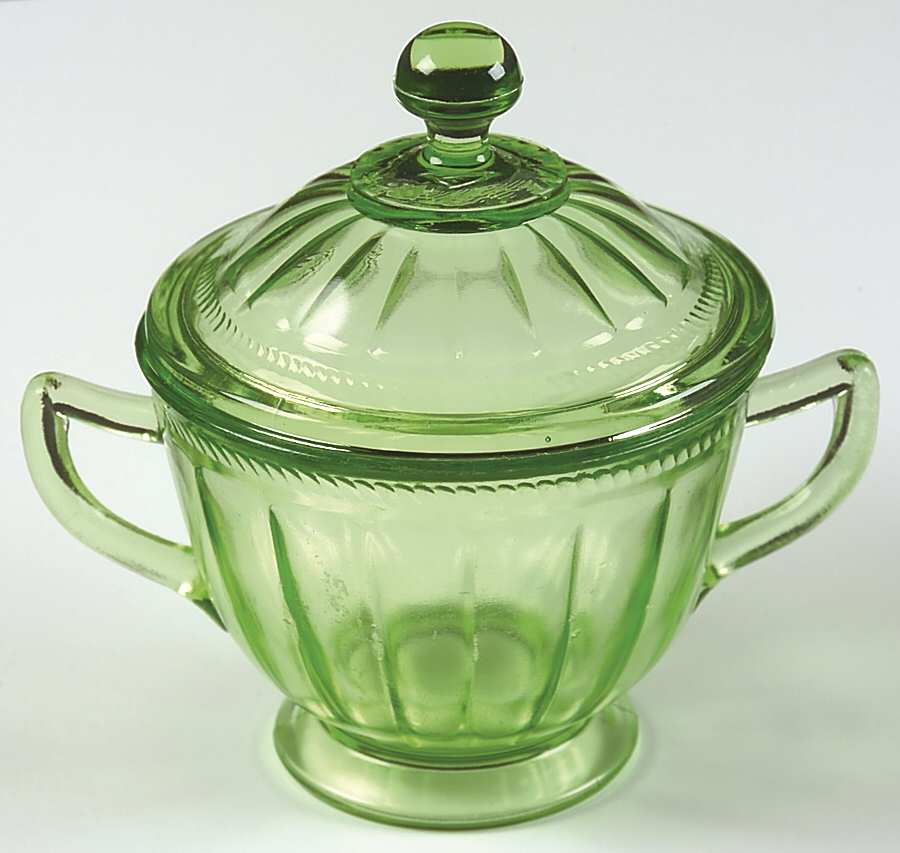Colonial Fluted Green Sugar Bowl & Lid by Federal Glass -1