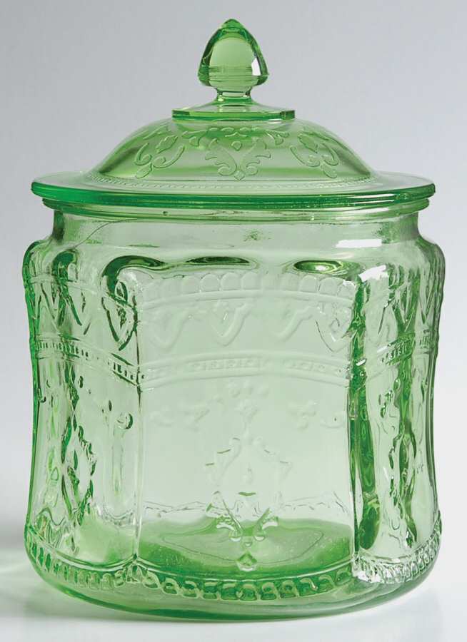 Patrician Green Cookie Jar & Lid by Federal Glass -1