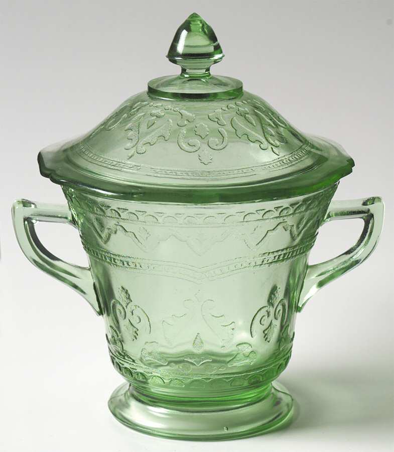 Patrician Green Footed Sugar Bowl & Lid by Federal Glass -1