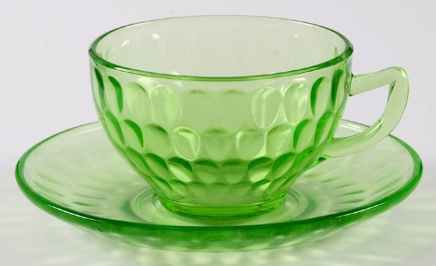 Thumbprint Green Cup & Saucer Set by Federal Glass -1