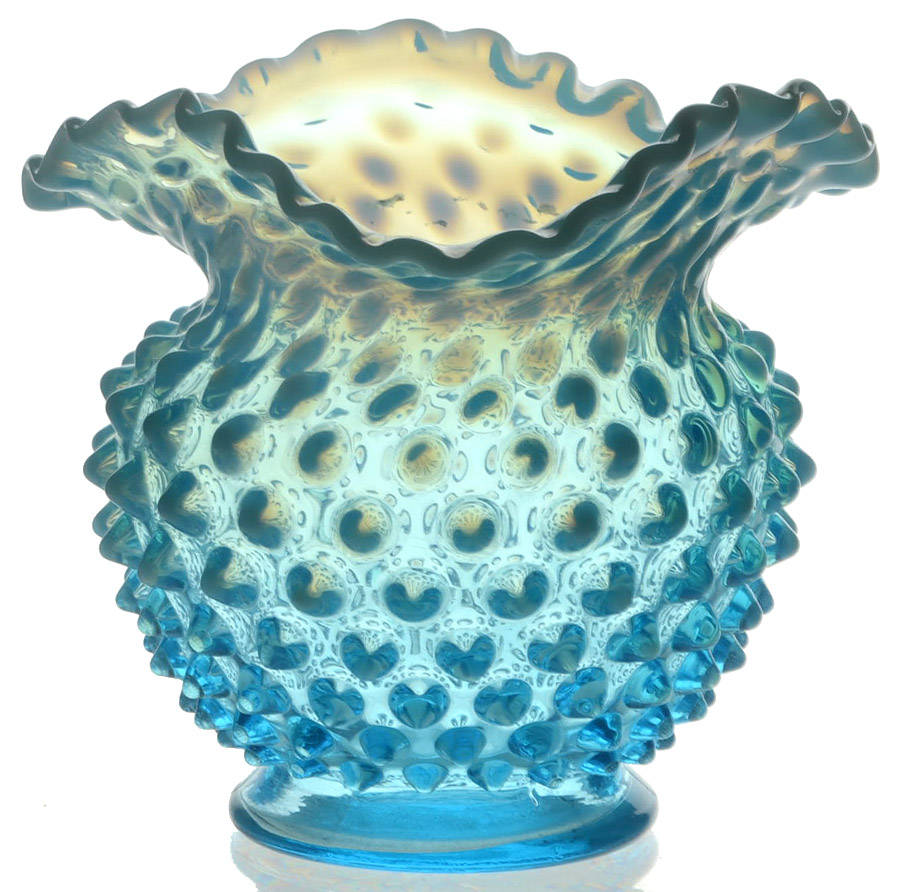 Hobnail Blue (Opalescent) 4" Crimped Triangle Vase by Fenton-1