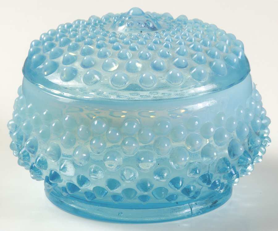 Hobnail Blue (Opalescent) Round Puff Box with Lid by Fenton-1