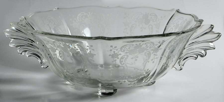 Meadow Rose Clear Handled 4-Toed Bowl (Baroque Shape) by Fostoria-1