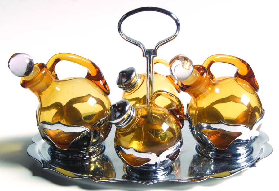 Farber Crystal (Chrome) (9 Pc) Condiment Set (2 Cruest,Salt/Pepper & Tray) by Farber Brothers-1