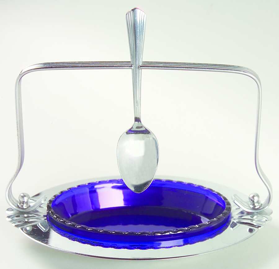 Farber Crystal (Chrome) Metal Preserve with Spoon & Royal Blue Liner by Farber Brothers-1