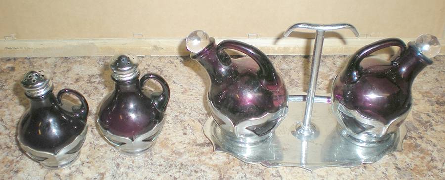 Farber Crystal (Chrome) (9 Pc) Condiment Set (2 Cruet,Salt/Pepper & Tray) by Farber Brothers-1