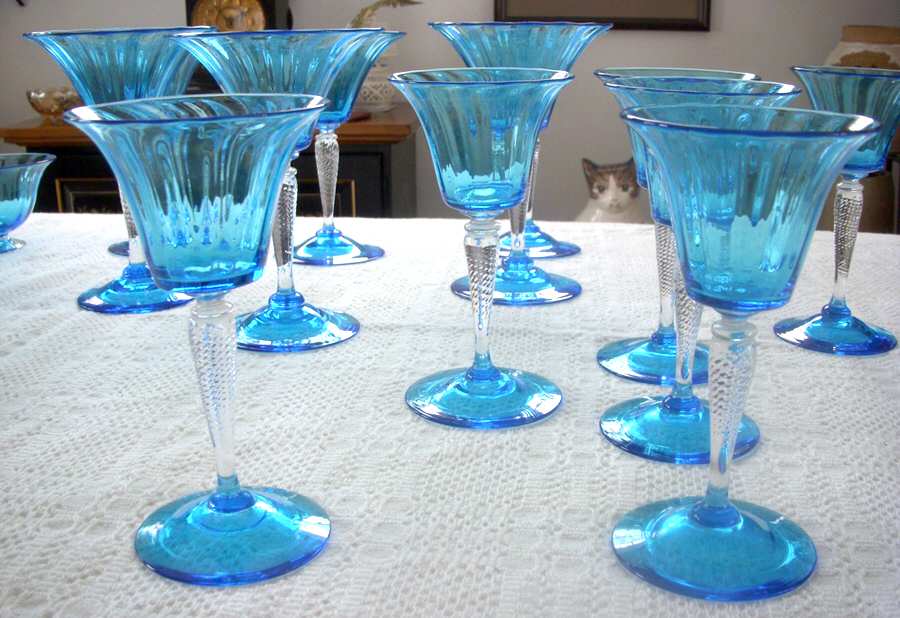 7542 Clear Blue (Clear Stem, Blue Bowl and Foot) Wine Glass by Fry-1
