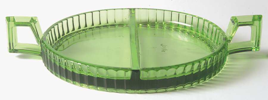 Narrow Flute with Rim Green (Line 473) 8" Oval 2 Part Relish by Heisey-1