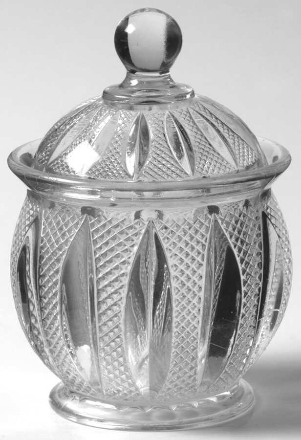 Pointed Oval in Diamond Point Clear Bowl Has Lip, Sugar Bowl & Lid by Heisey-1