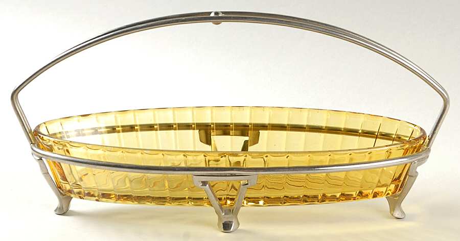 Coarse Rib Marigold Flash Olive Dish & Metal Holder by Heisey-1