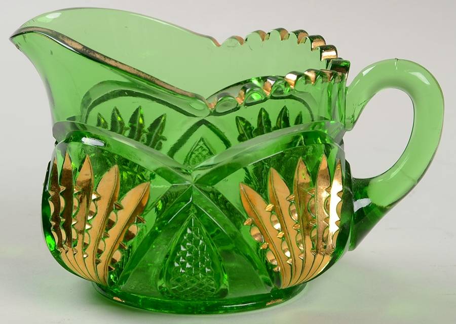 Pineapple and Fan Emerald (Gold Encrusted) Hotel Creamer by Heisey-1