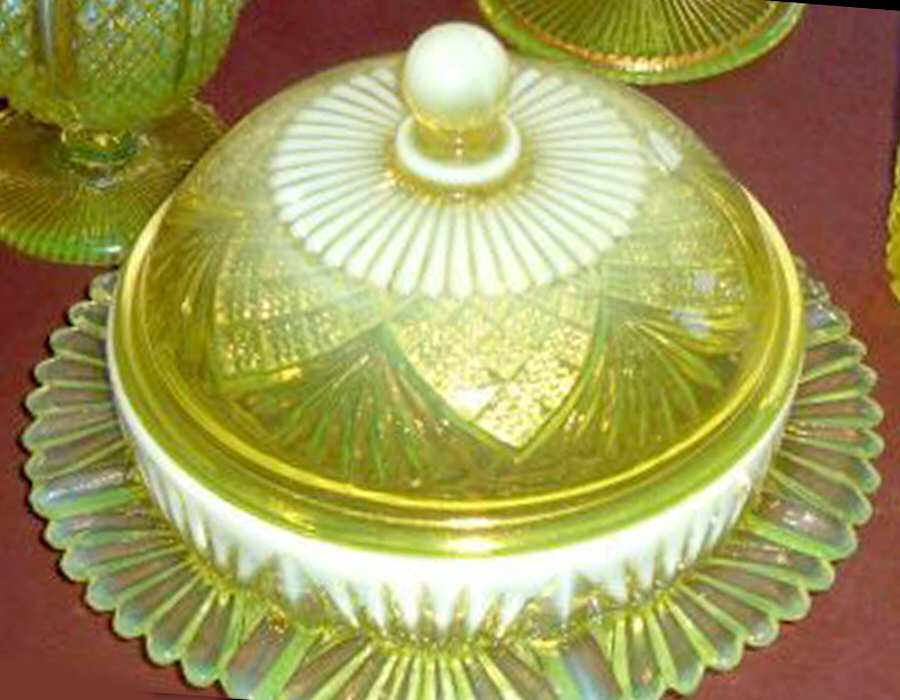 Prince Charles Vaseline (Opalescent) Round Covered Butter by Henry Greener Co-1